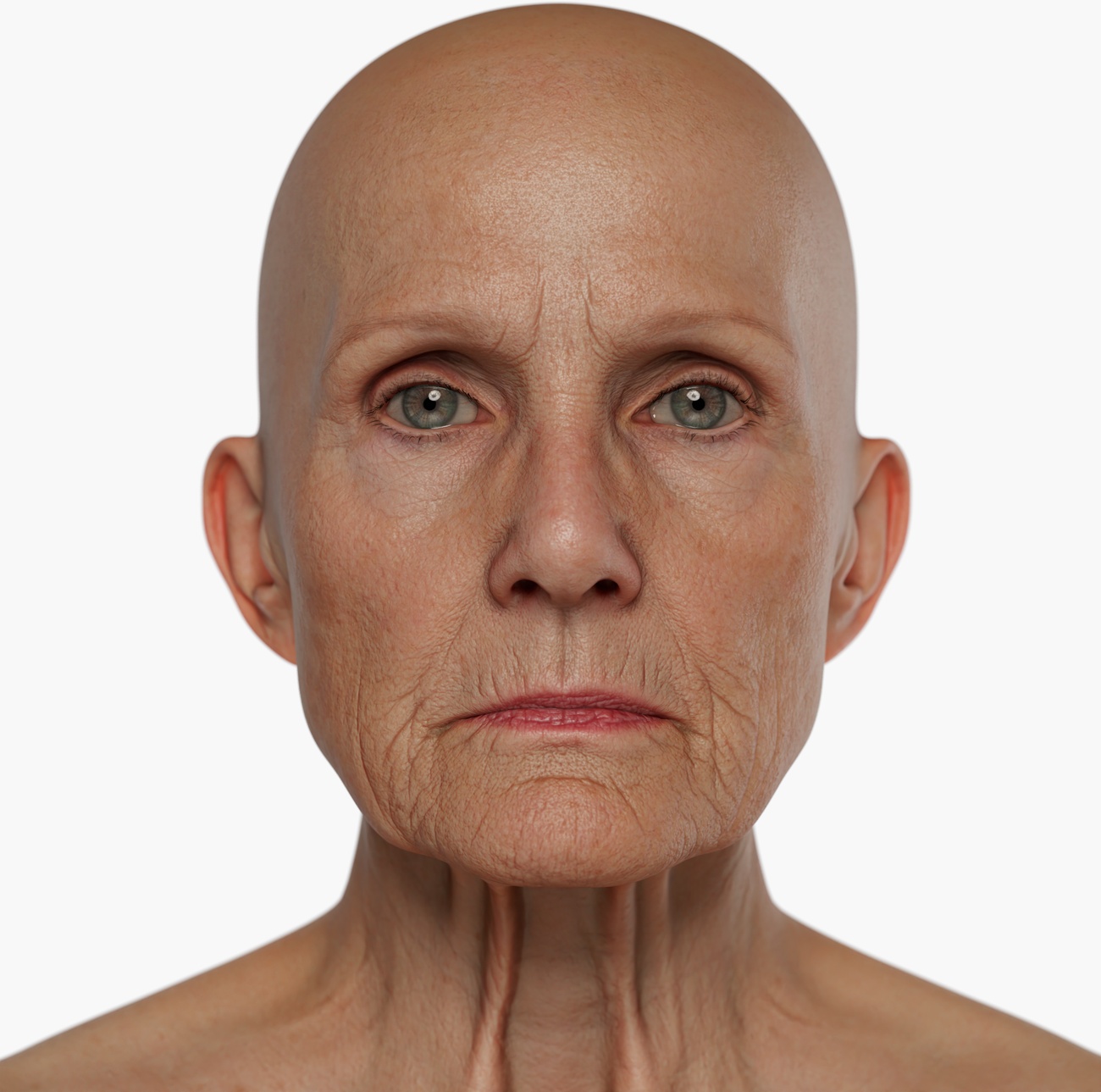 High-resolution 3D head scan of an older female with detailed mature skin, wrinkles, and fine surface texture